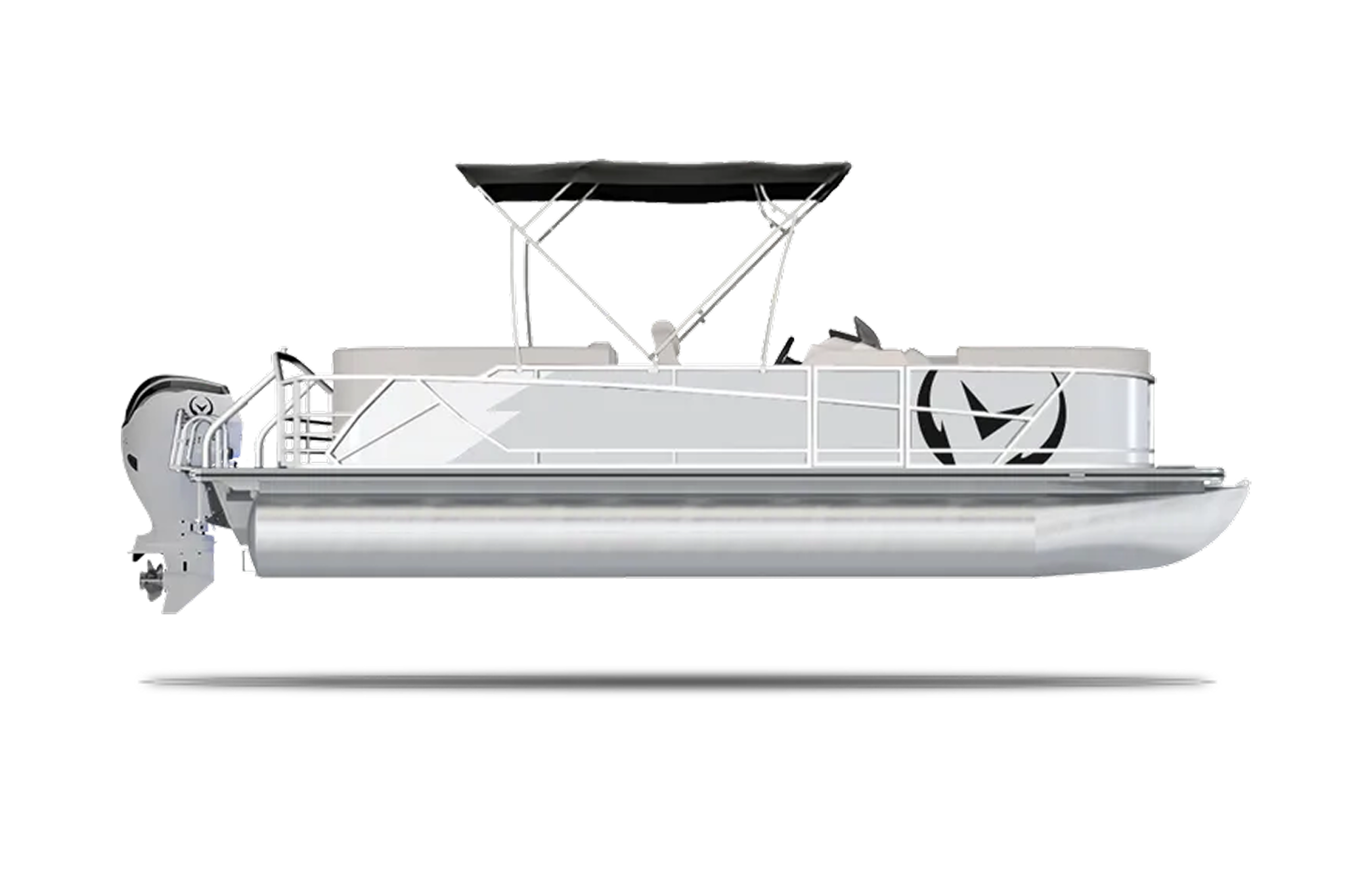 A side profile render of the V24 Electric Pontoon highlighting the E-Motion 180E electric outboard and pontoon hull design that supports smooth power delivery and extended range.