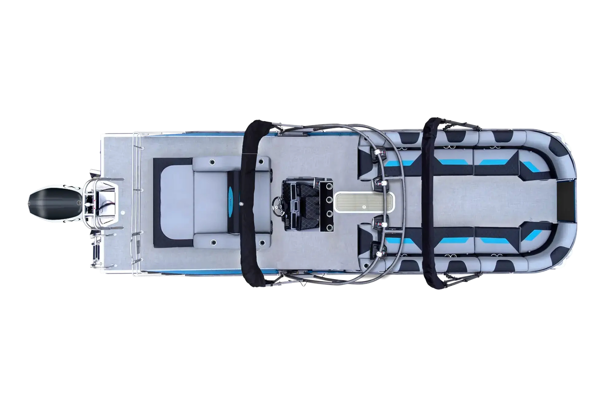 The V30 Electric Pontoon underway with visible seating, canopy structure, and electric outboard setup, representing the standard features and equipment included with the model.