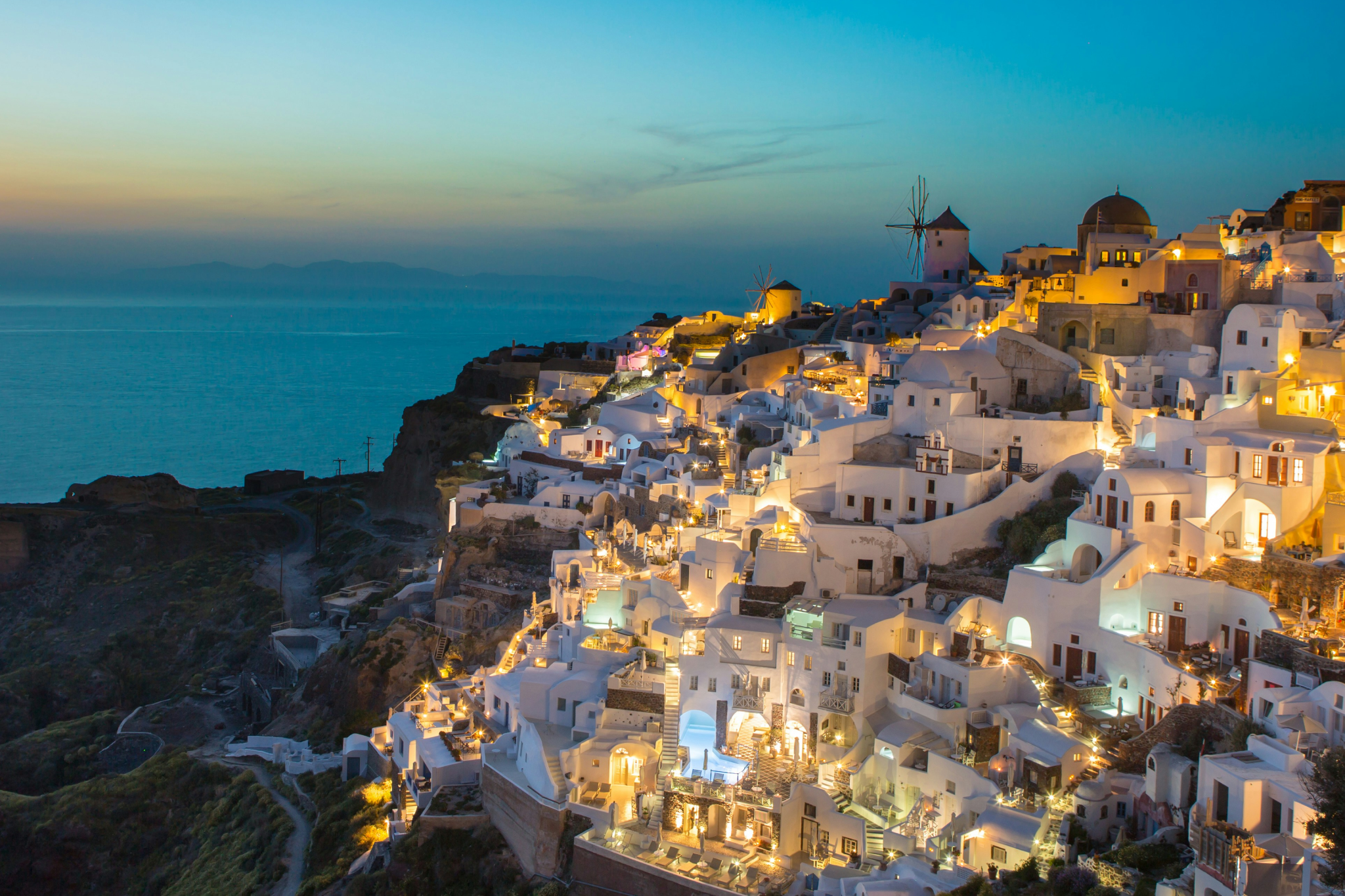 Evening view of Santorini, Greece, a Mediterranean destination featured on Viking Mira’s 2026 itineraries
