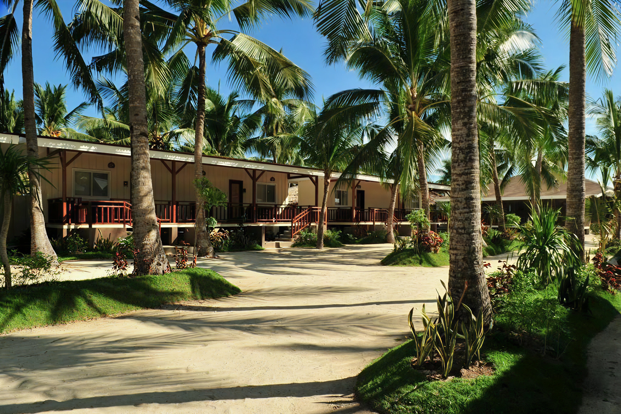 Spacious beachfront cottages shaded by tall coconut palms at Anika Island Resort, capturing the relaxed tropical vibe — Where to Stay in Bantayan Island.