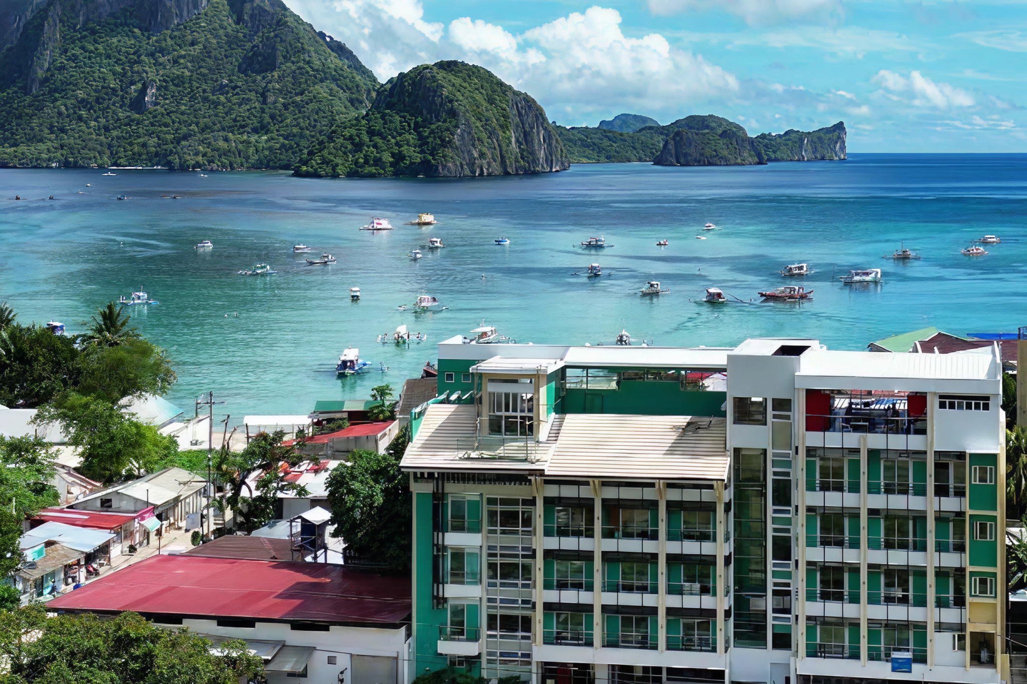 Central hotel overlooking Bacuit Bay, ideal for convenience and dining — where to stay in El Nido, Palawan.
