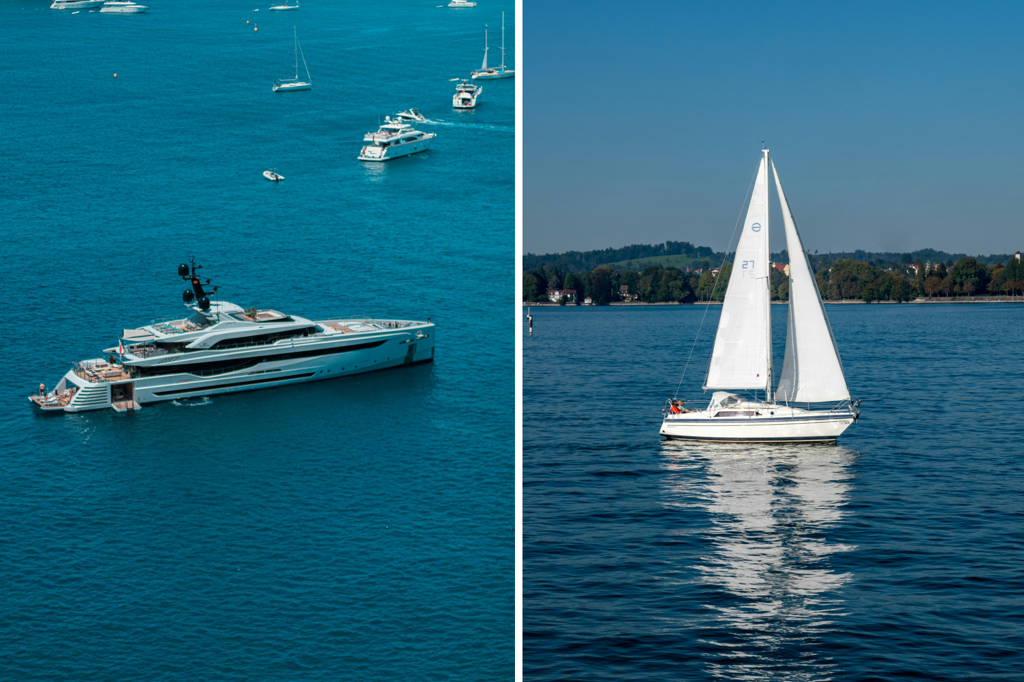 Yacht vs boat visual comparison showing a large luxury yacht beside a smaller sailboat on open water.